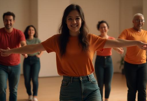 Diverse group of adults participating actively in a dance workshop session.